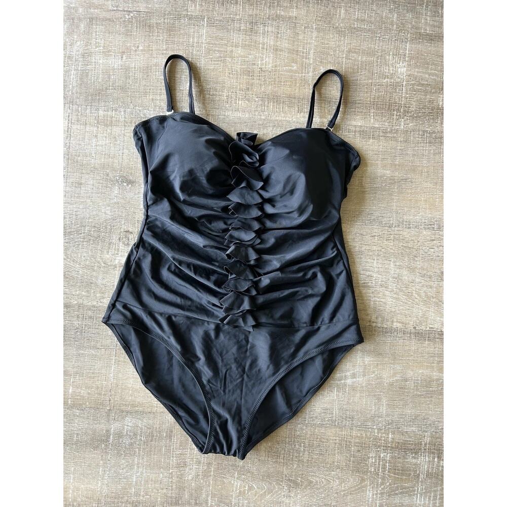 ▶️ Black One Piece Swimsuit Womens 22 Plus Ruffle Bandeau Convertible Resort NWT - Picture 14 of 14